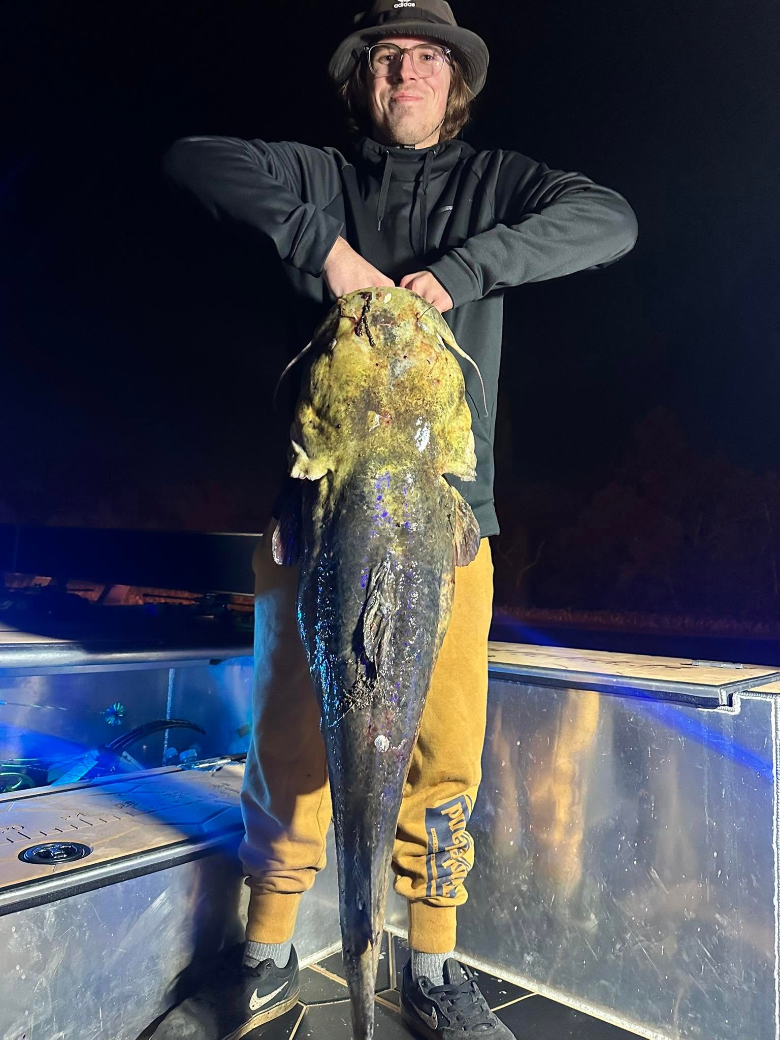 Angler holding a flathead catfish at night