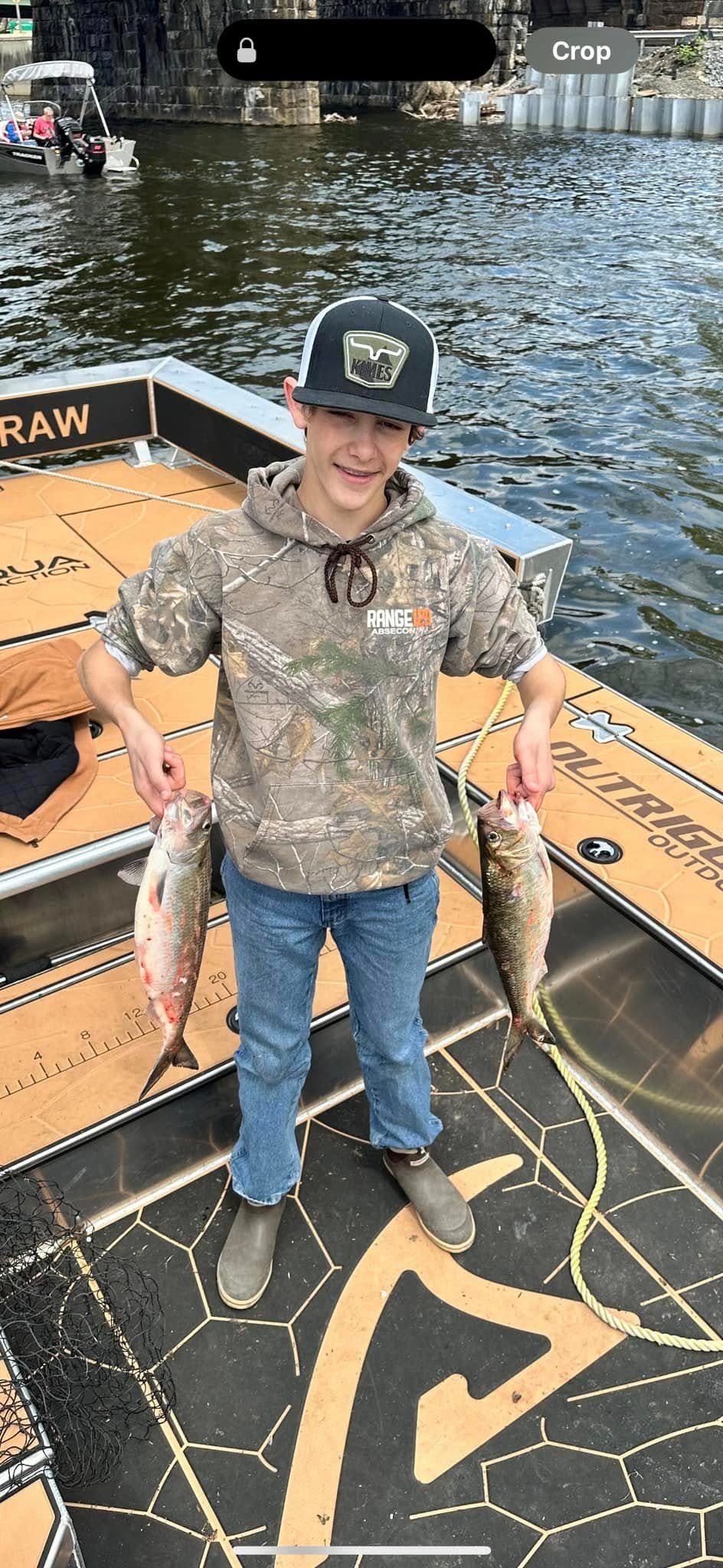 Angler holding an American Shad on the boat